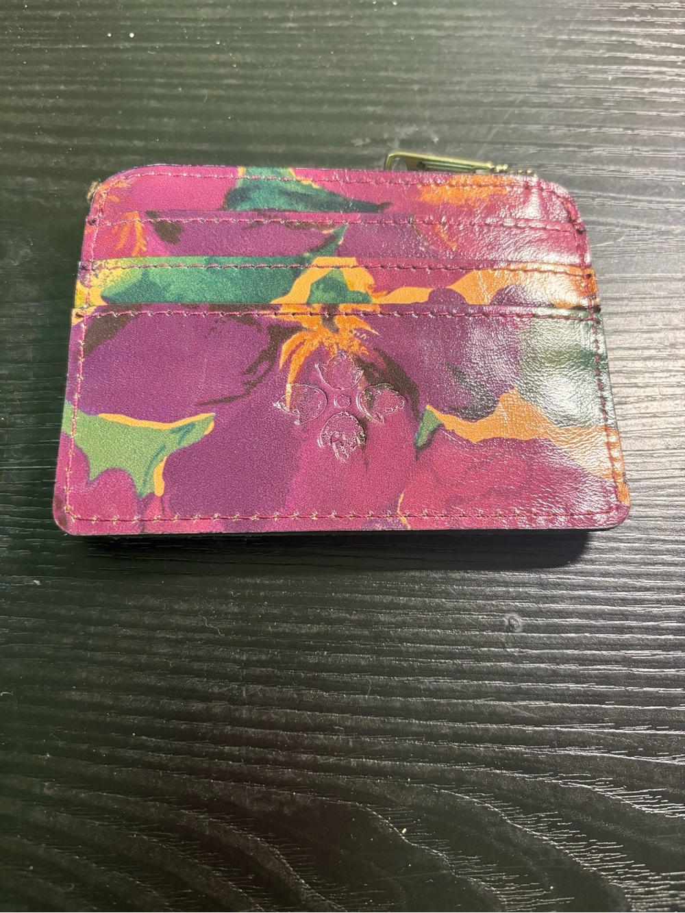 Patricia Nash Purple Floral Slim Card Wallet with Green and Orange Accents zipp
